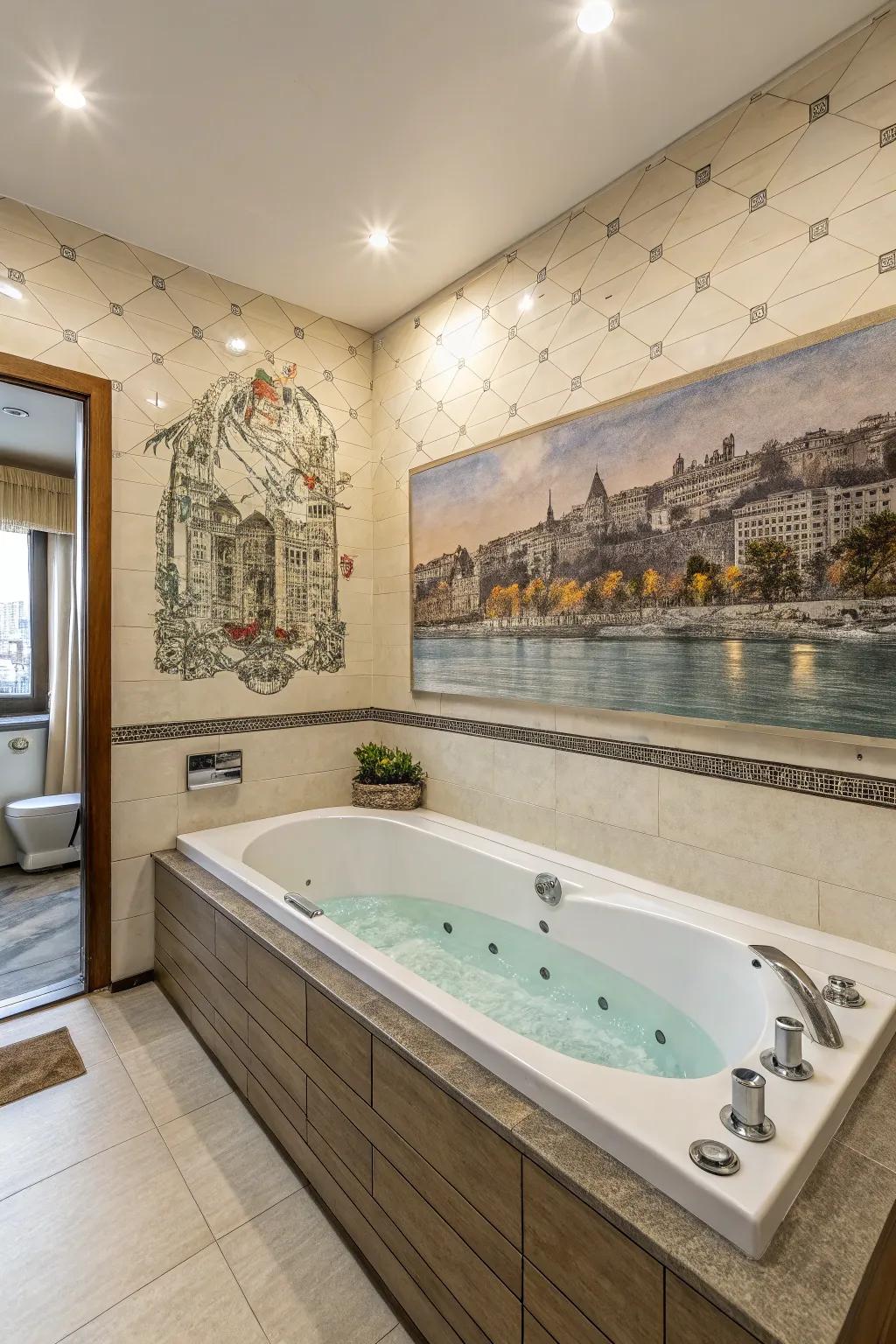 A bath surround enhanced by a captivating artistic wall covering.