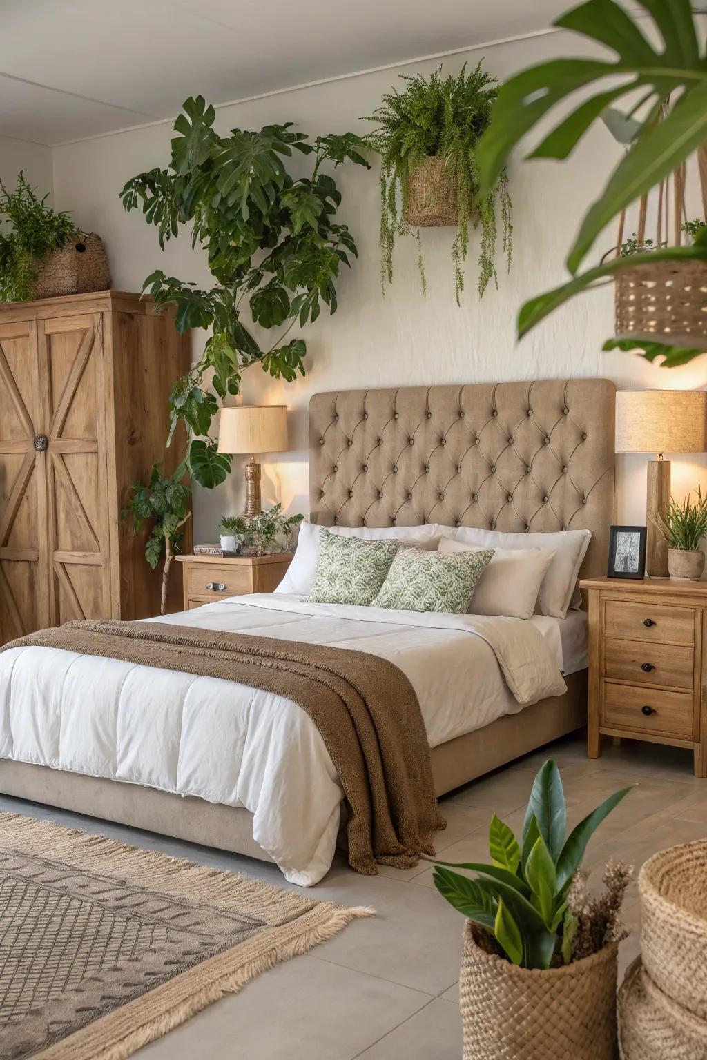 A nature-inspired bedroom with a calming tufted headboard.