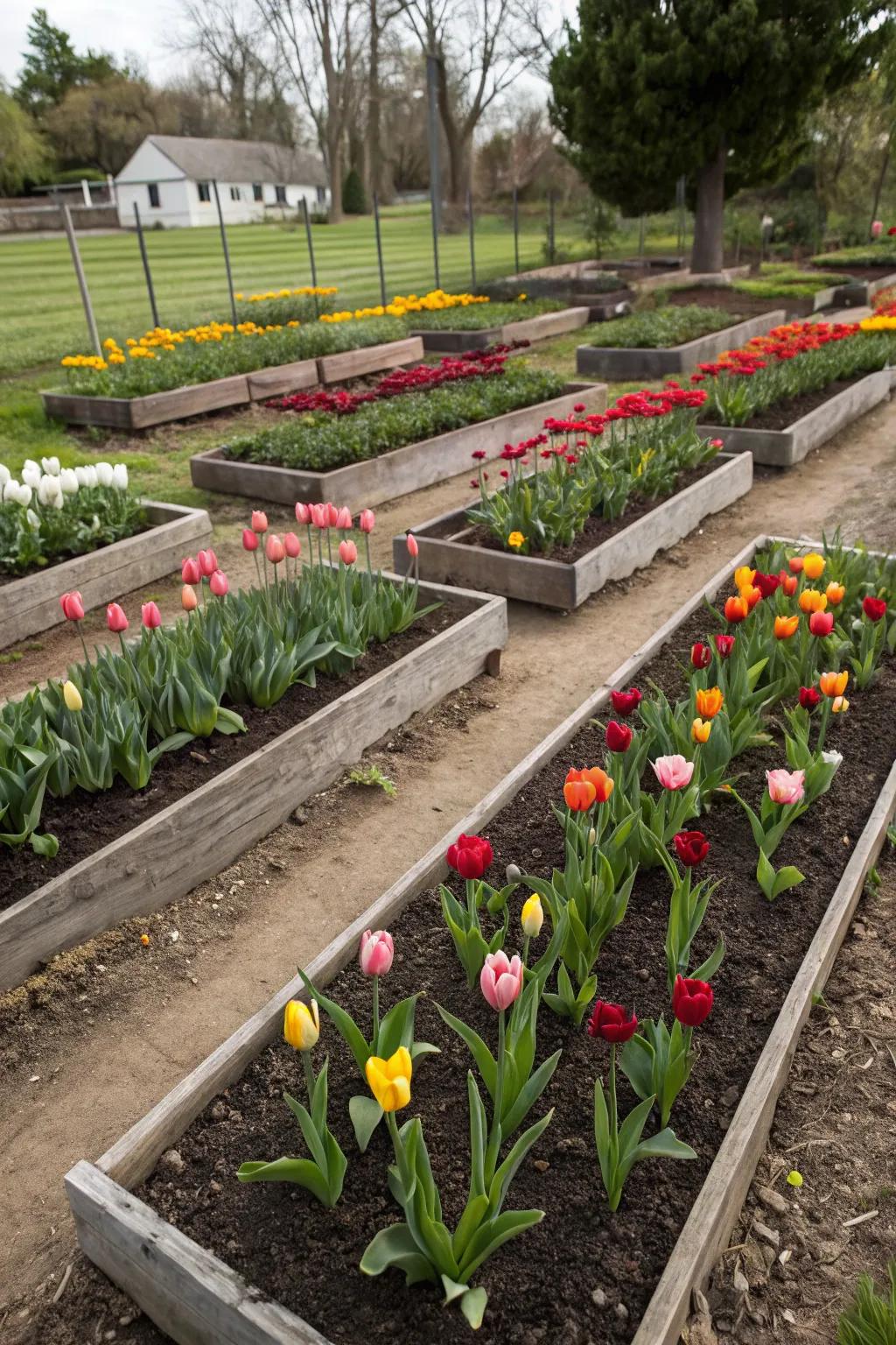 Blossoms flourishing in elevated beds, benefiting from enhanced drainage and visual appeal.