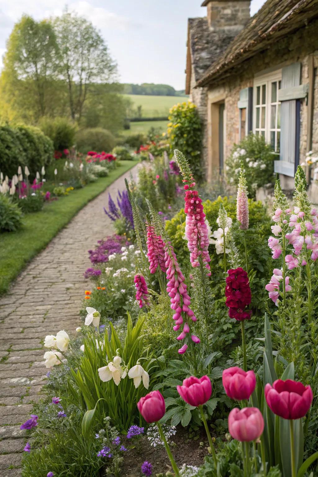 A cottage garden setting with tulips and traditional flowers, evoking a classic charm.