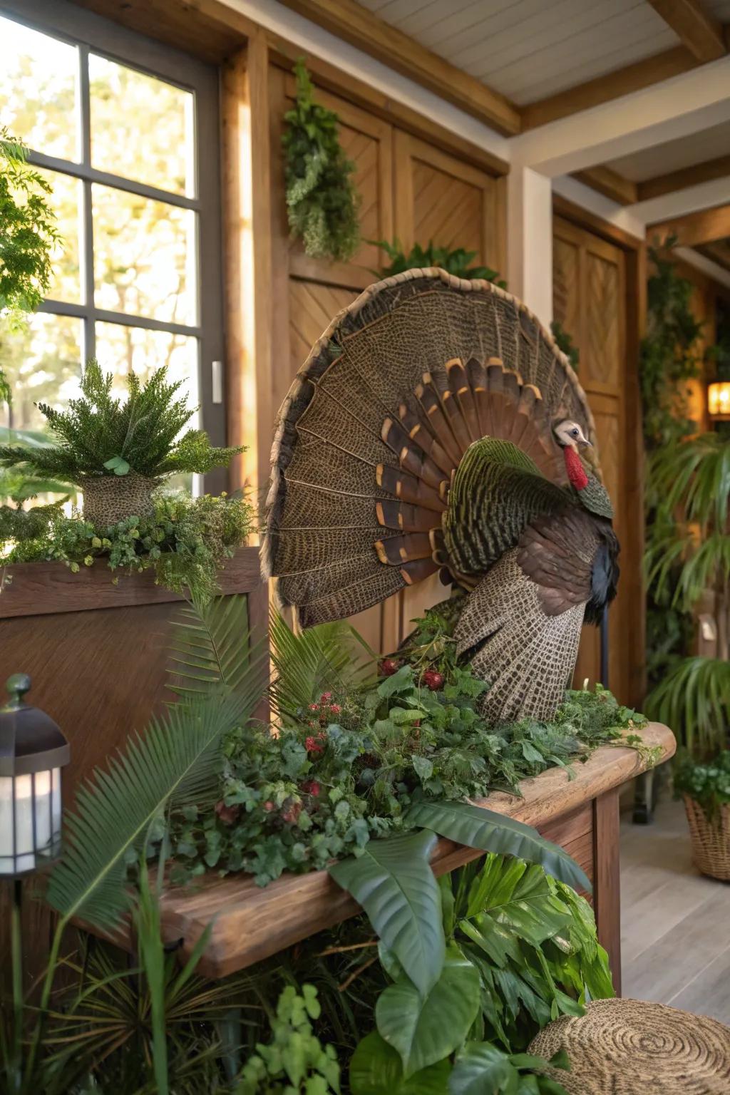 Foliage adds a fresh, natural element to a turkey fan mount.