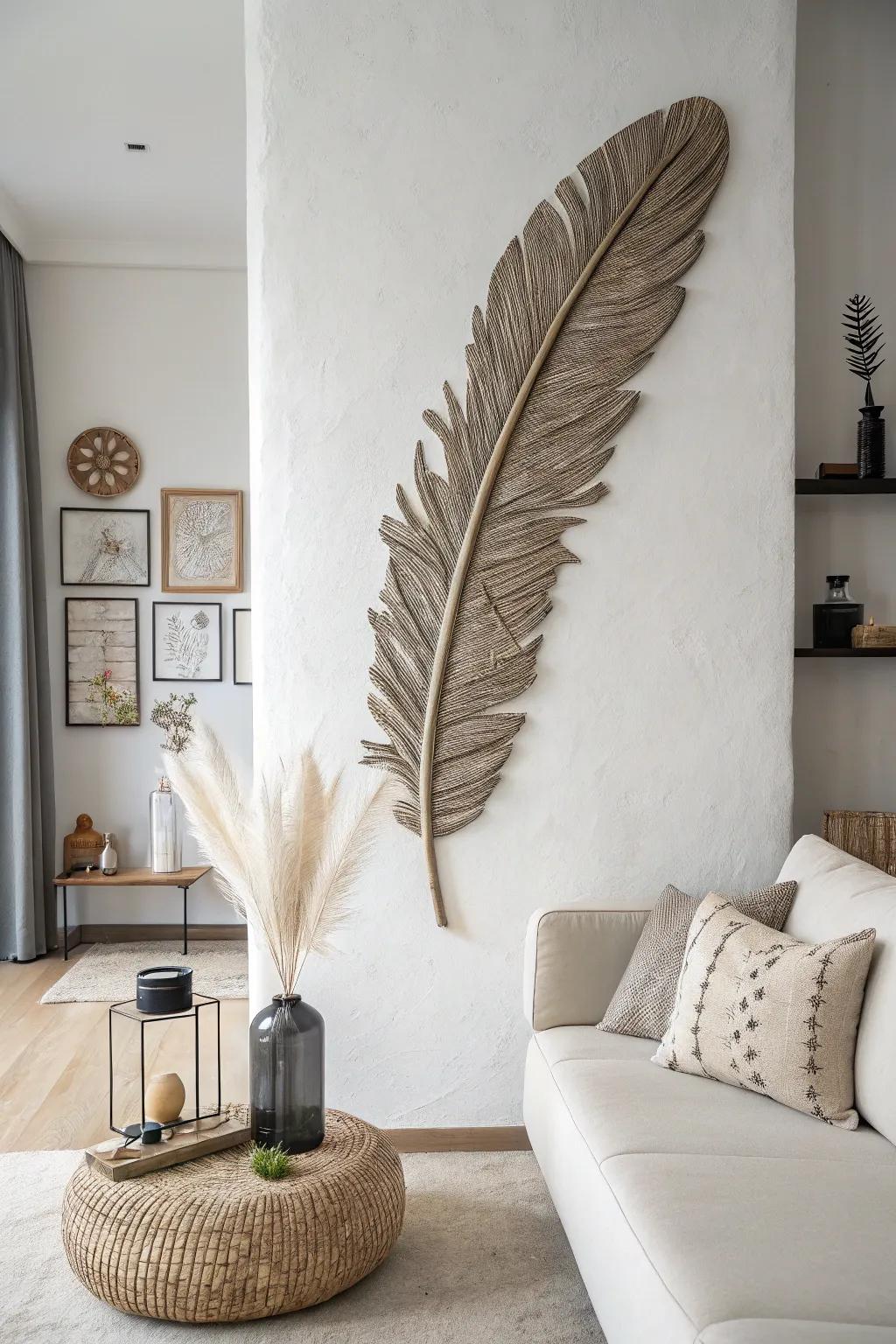 A minimalist wall sculpture showcasing wildfowl feathers.