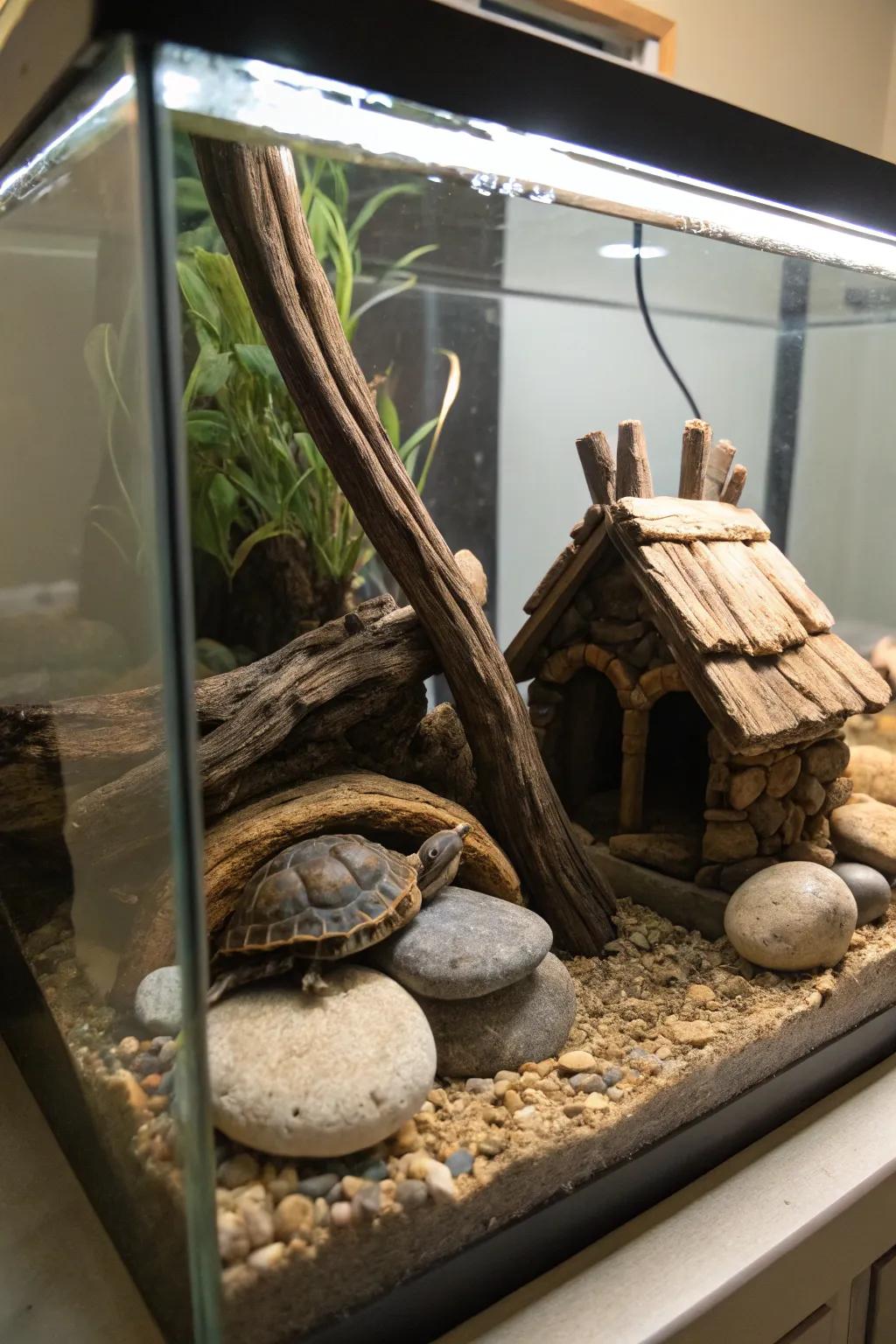 A miniature residence introduces a welcoming charm and individualized space for the turtle.