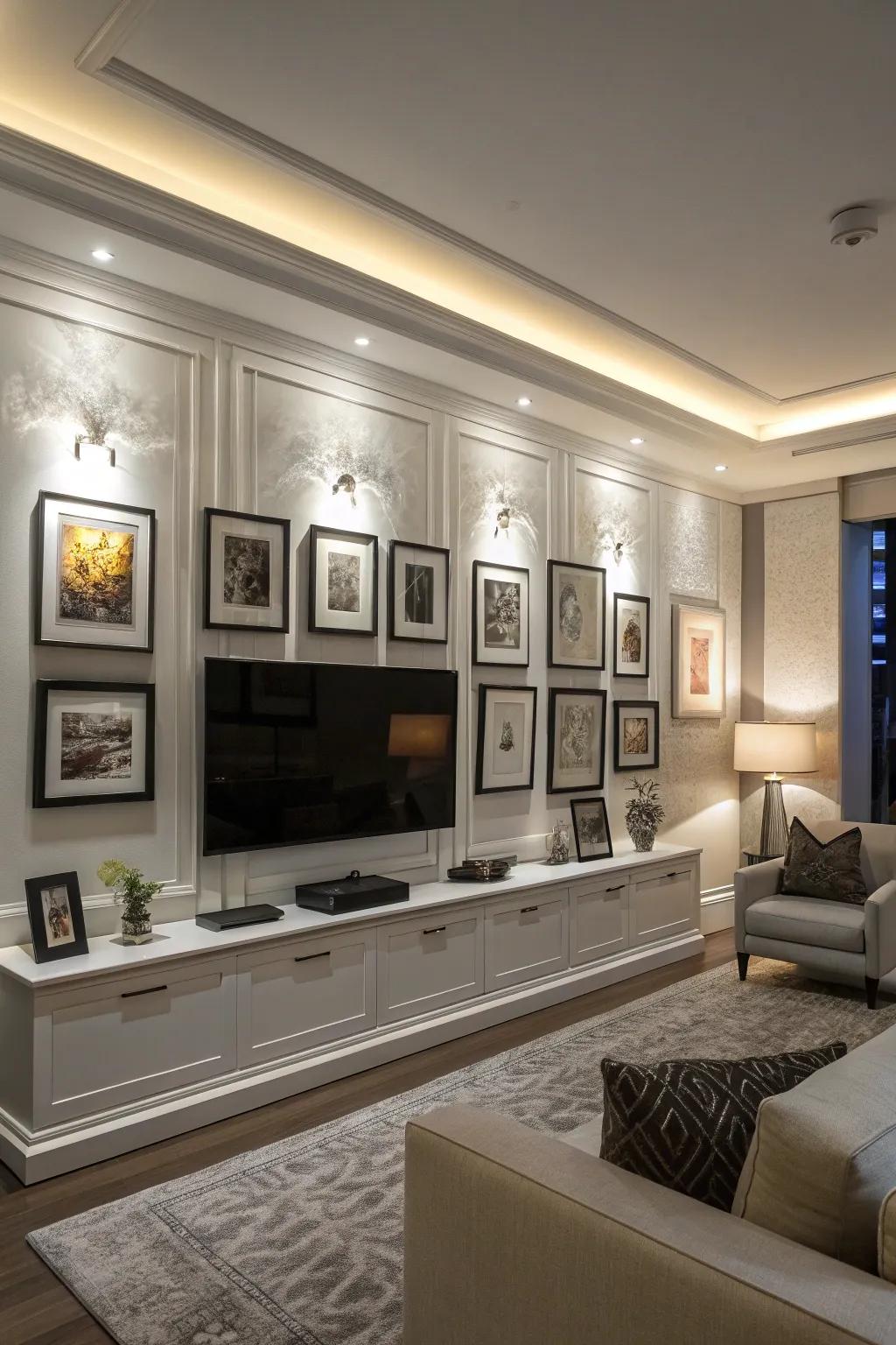 Focal lighting showcases this elegant TV gallery wall.