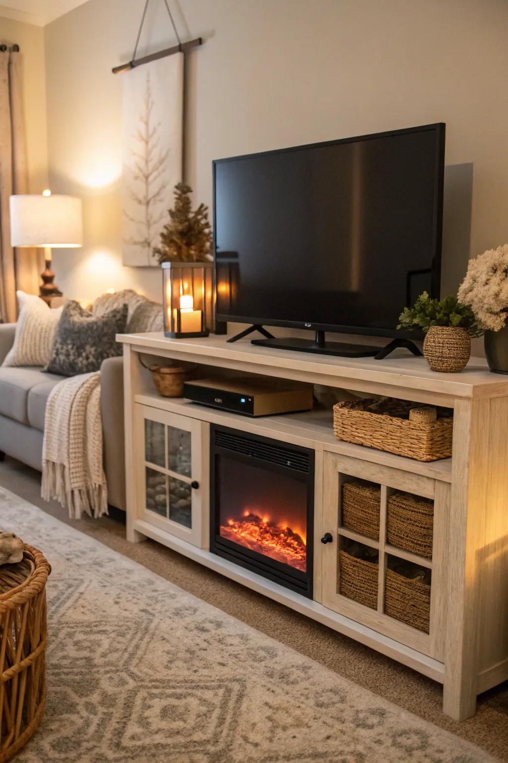 A faux fireplace adds warmth and a welcoming feel to your TV stand.
