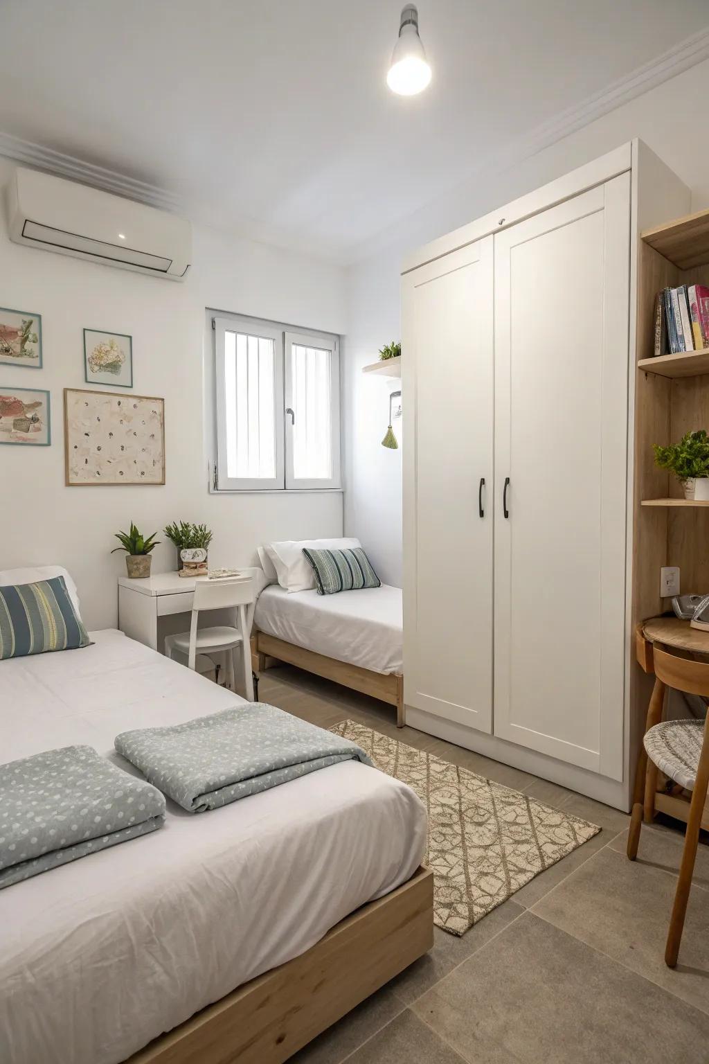 Minimalist design creates a serene twin bedroom atmosphere.