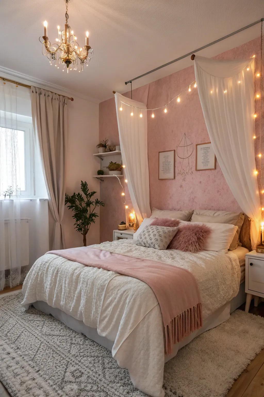 A serene bedroom featuring pale pink and white walls, exuding romance and calm.