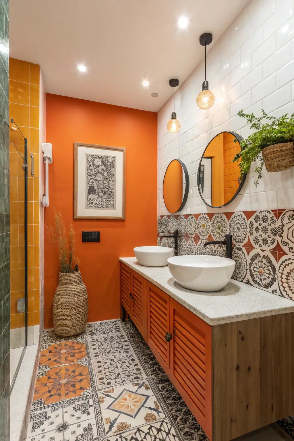 An energetic citrus and white two-tone wall design that makes a striking statement.