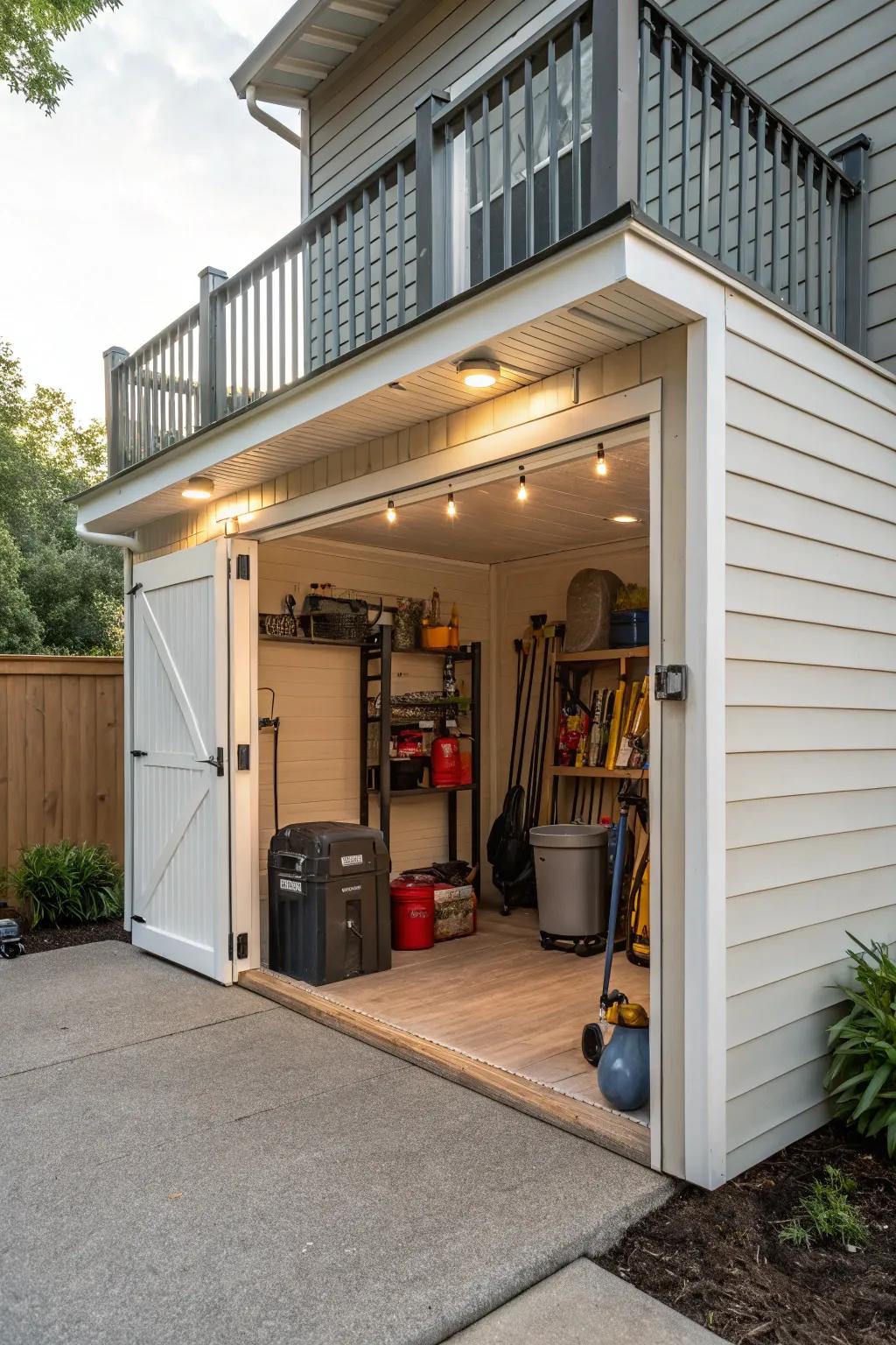 A bespoke outbuilding furnishes tailored storage resolutions for under-deck areas.