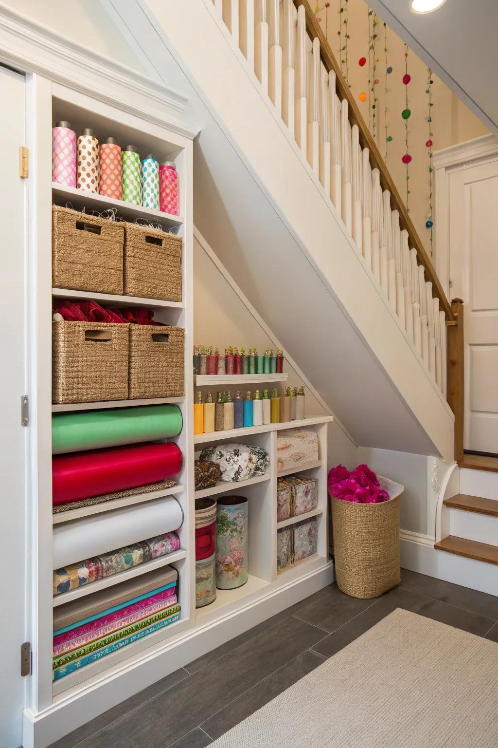 A dedicated gift wrap station beneath the stairs for all your celebrations.