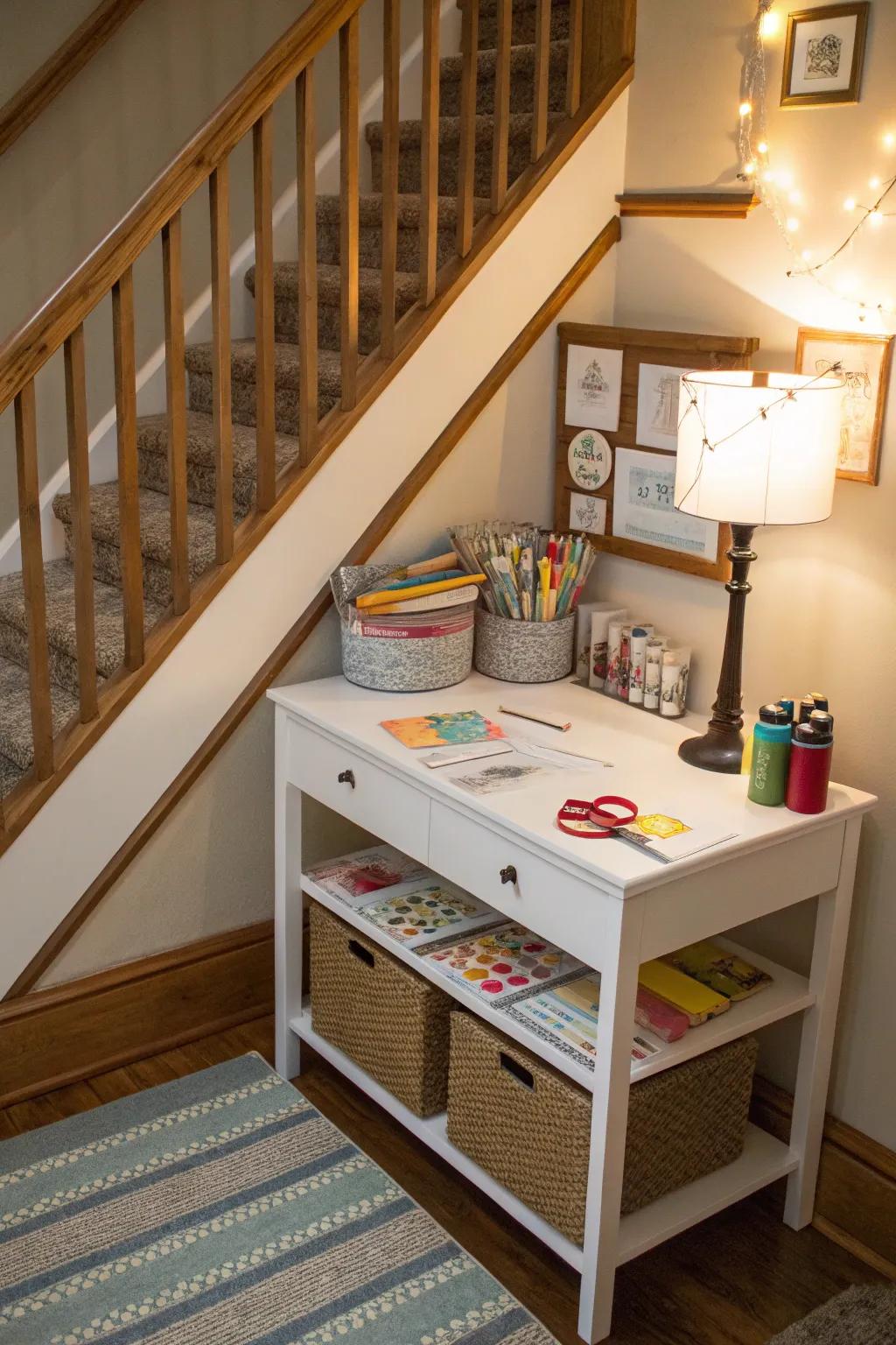 A vibrant craft spot under the stairs for creative pursuits.