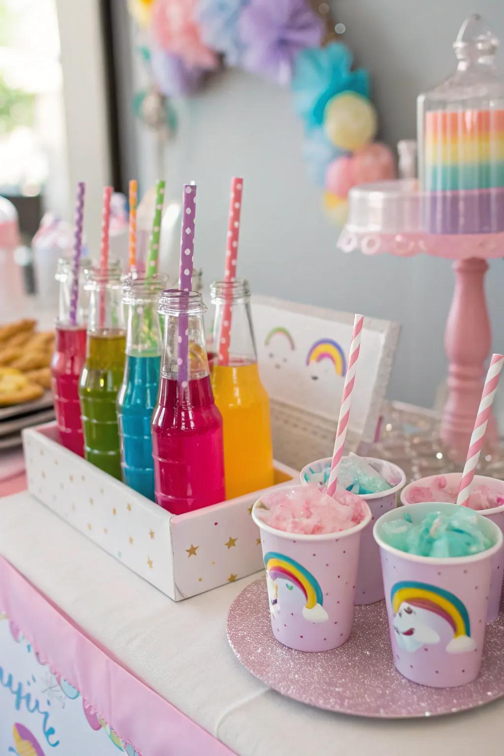 A colorful unicorn beverage station featuring themed drink tubes.