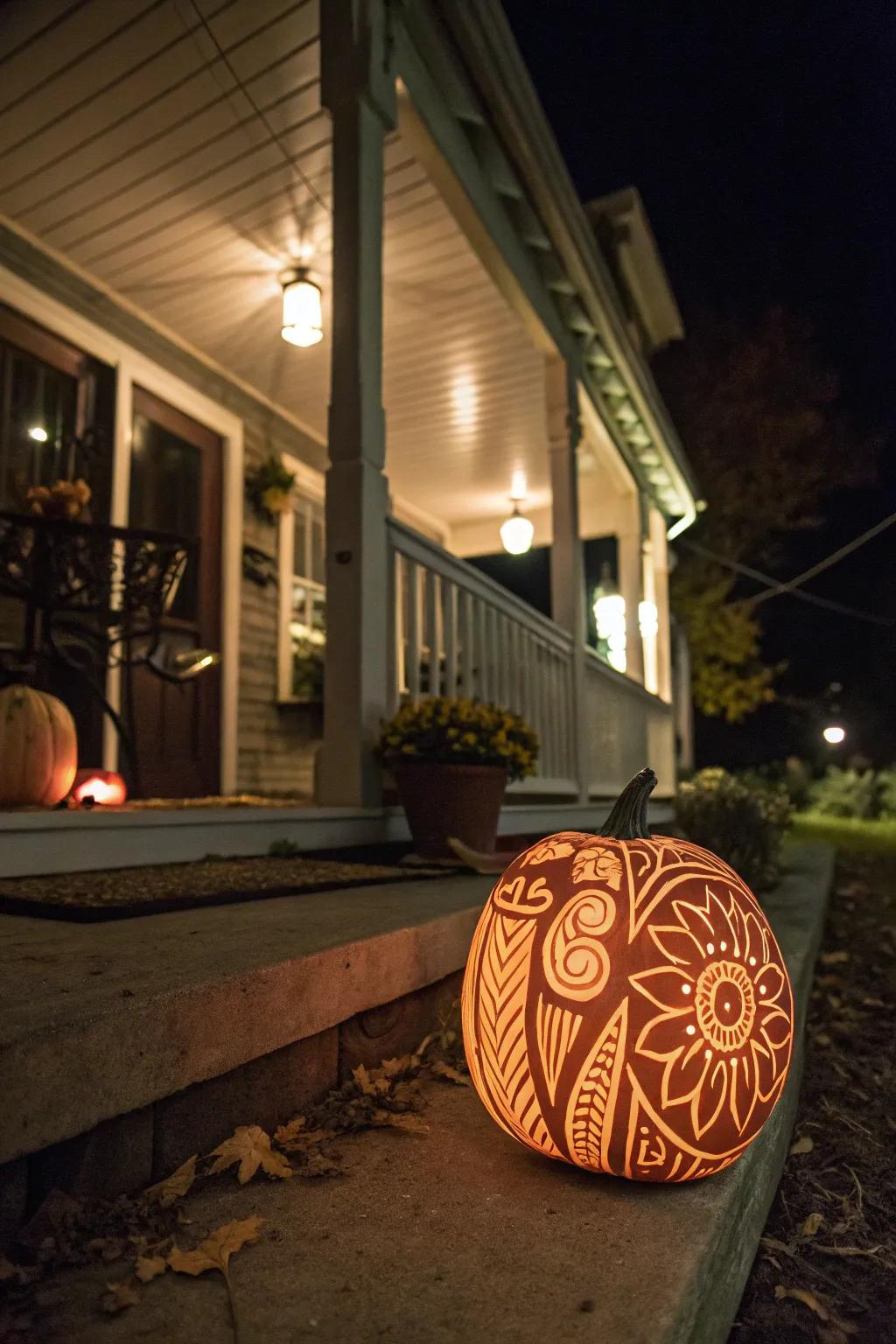 A pumpkin that illuminates the night with its glow-in-the-dark design.
