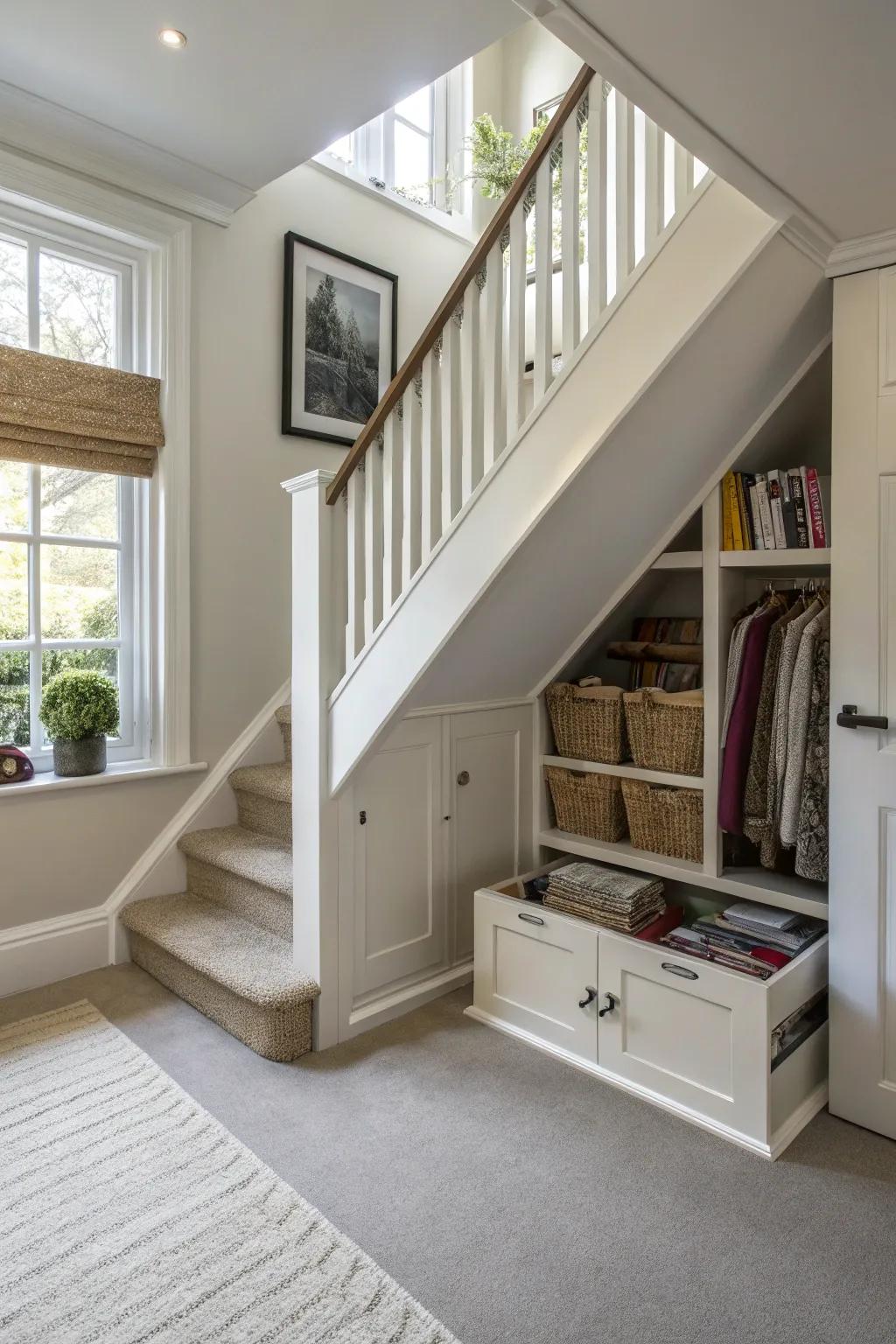 Integrated storage maintains style and functionality on the upstairs landing.