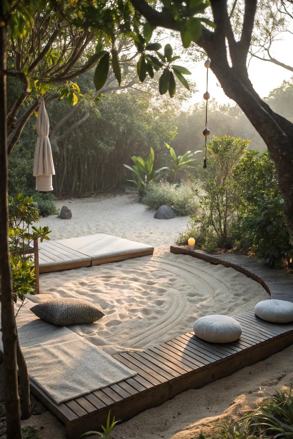 Find tranquility in a meditation spot with a sand base.