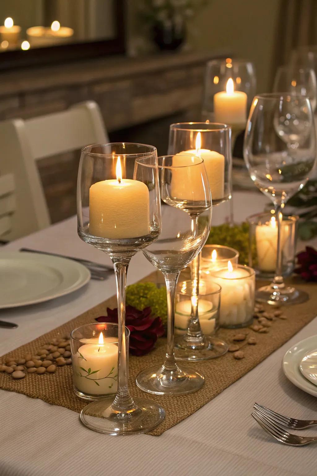 Artful height crafted through the implementation of red-wine glass light bases.