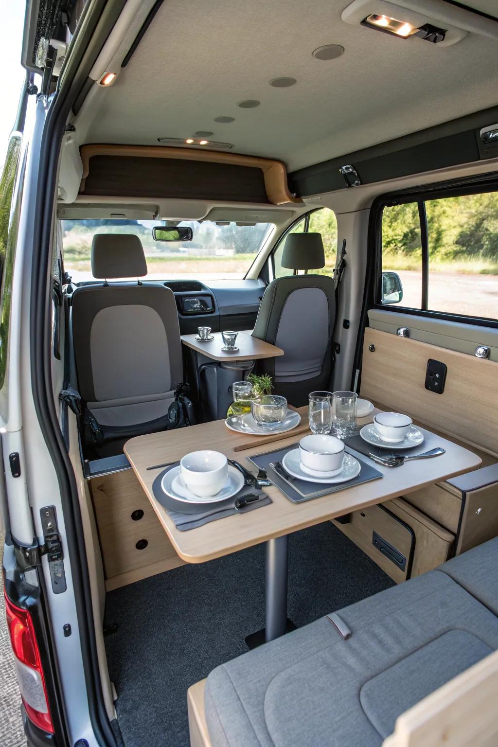 Swivel tables offer flexibility for both eating and working inside a van.