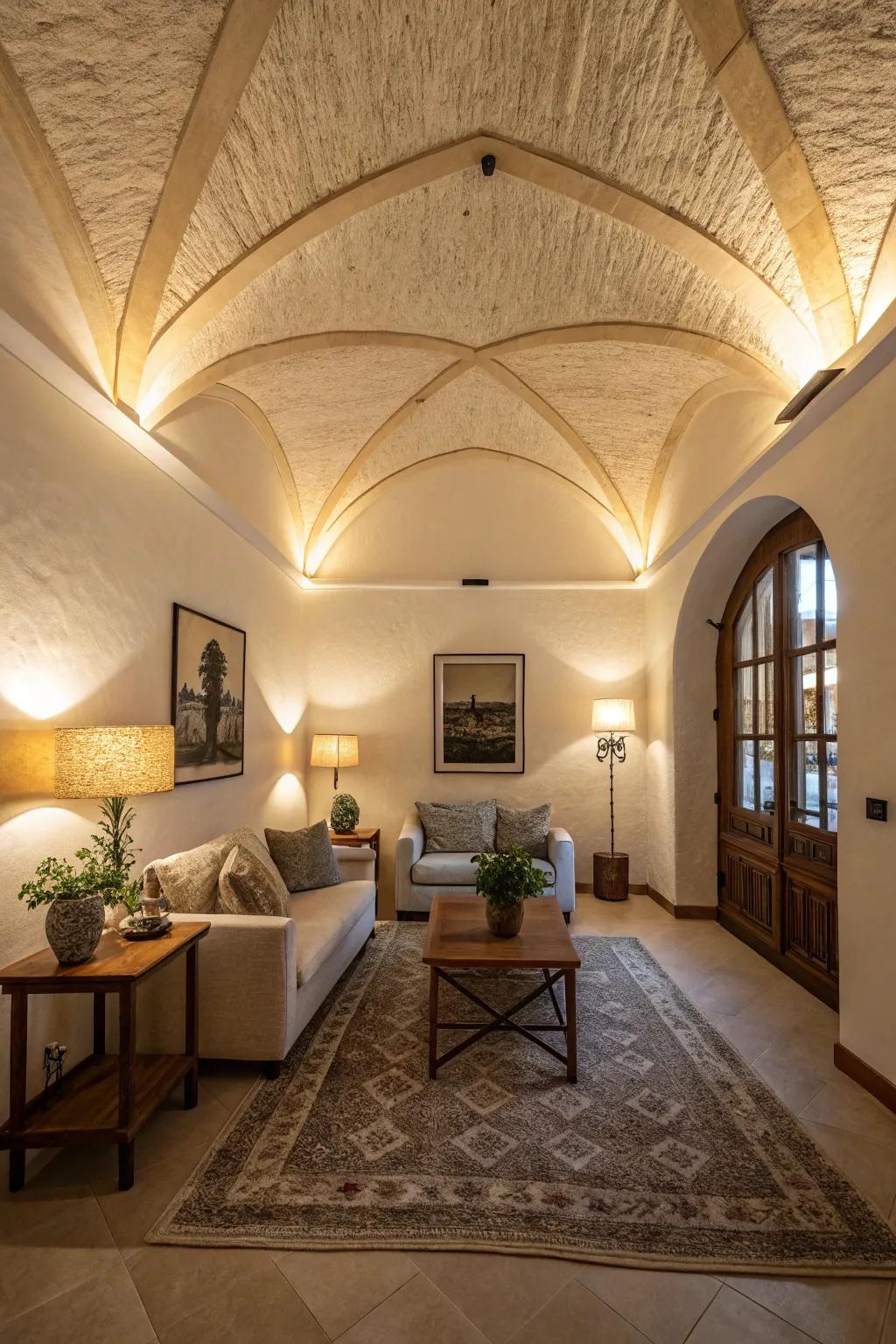 Textured finish adds dimension and personality to vaulted ceilings.