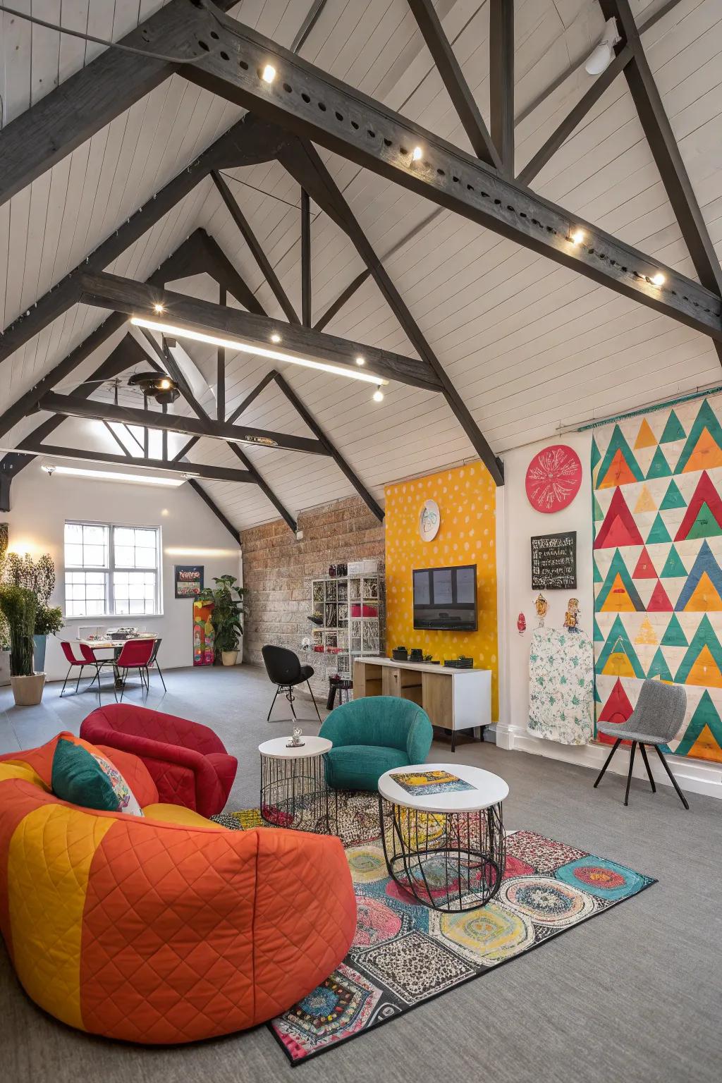 Playful designs achieved with polygons on a vaulted ceiling.