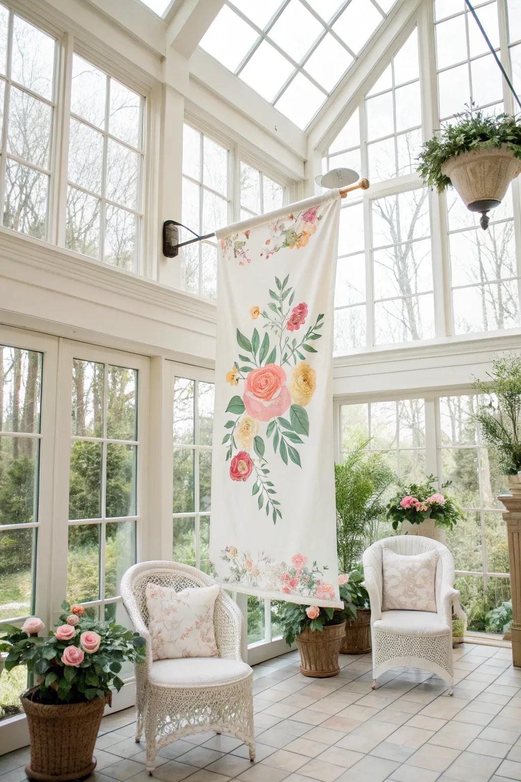 A floral design banner adds charm to a sunroom.