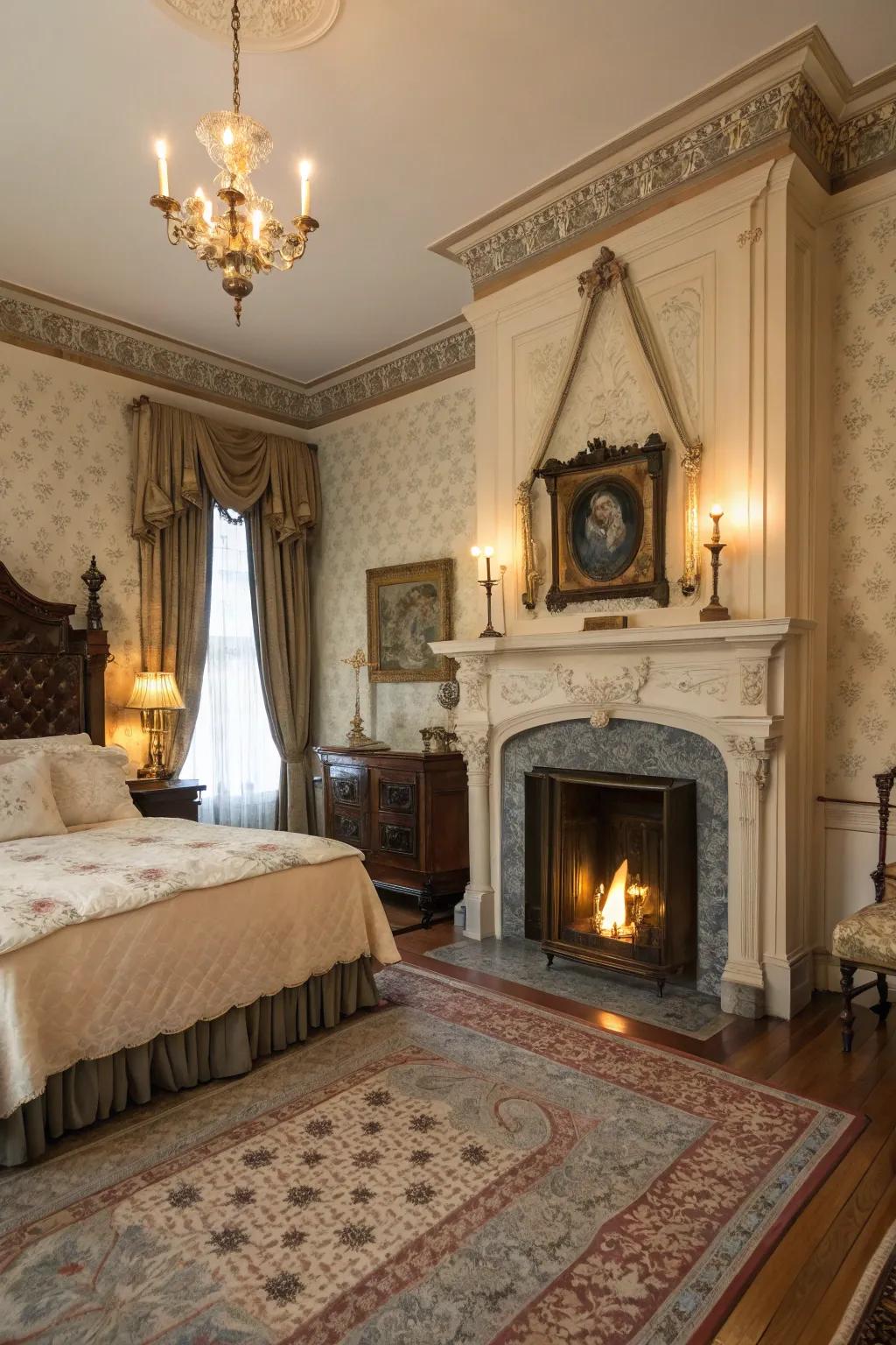 A simulated fireplace creates a cozy, authentic vintage feel.