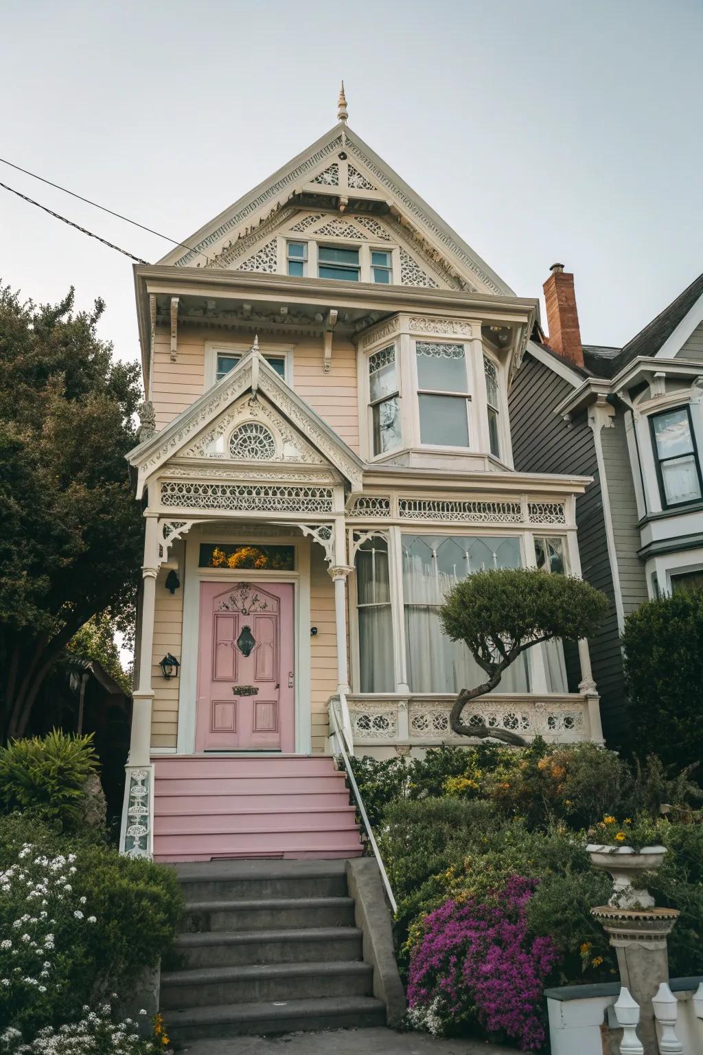 A pastel door introduces a playful touch to this Victorian facade.