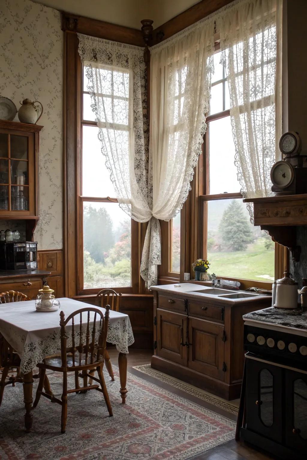 Trim curtains contribute style and control light in a Victorian kitchen area.