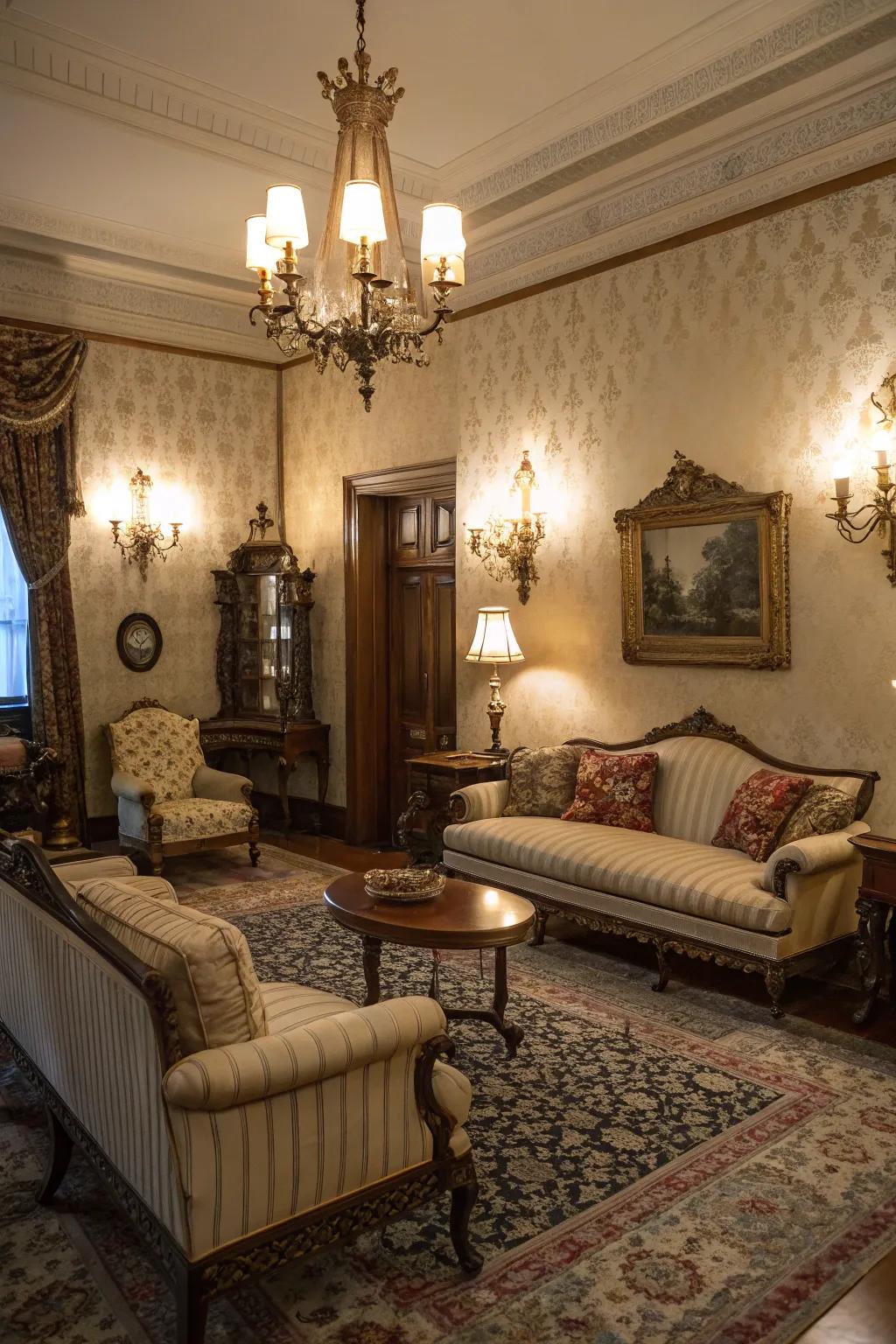 Ornamental wall lights introduce subtle, ambient illumination in the lounge area.