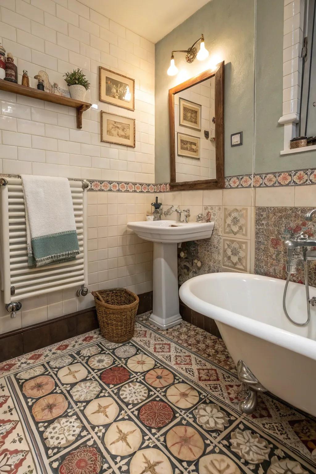 Patterned floor tiles give a dash of whimsy to vintage bathrooms.