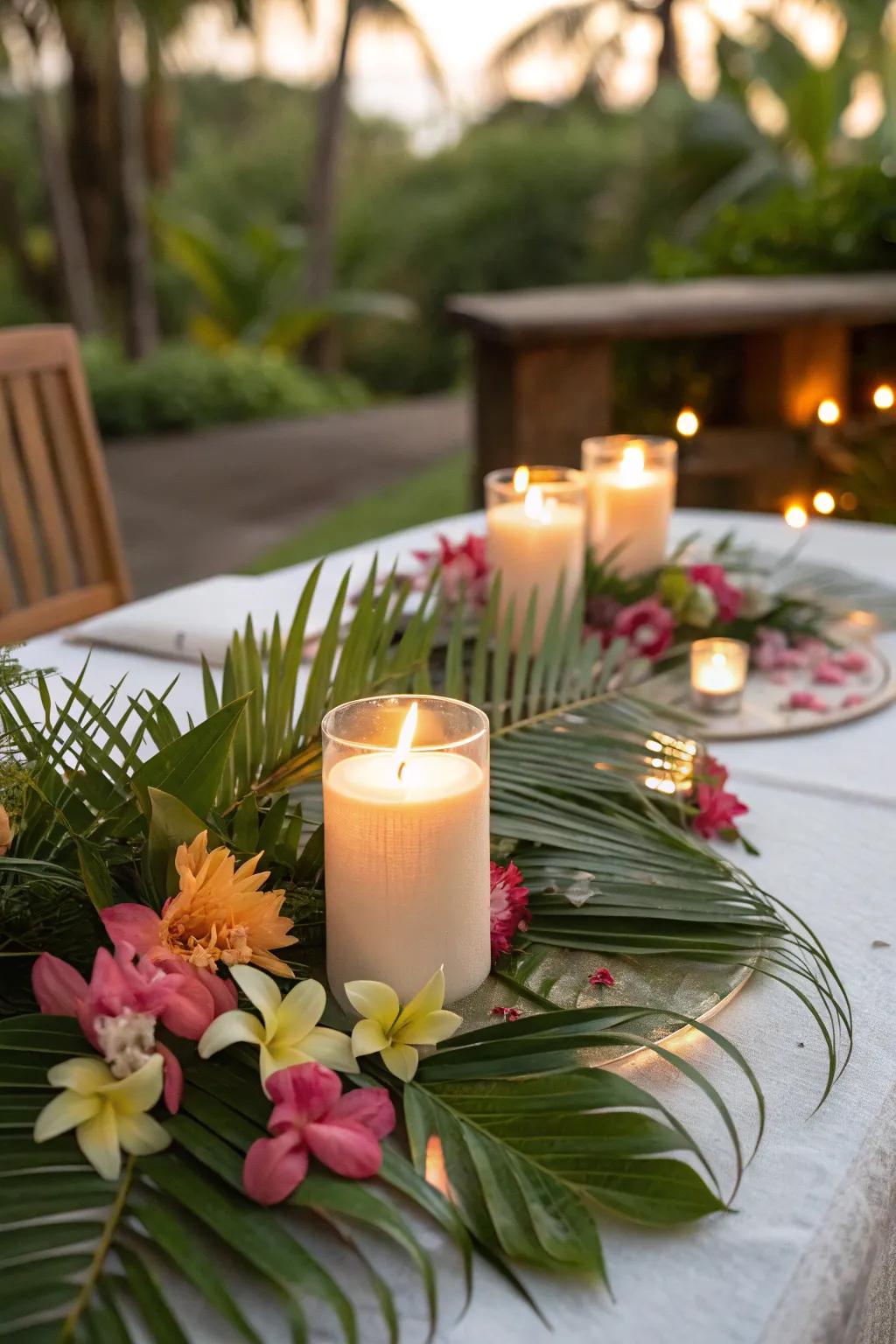 Tropical elements transform votive lights into an exotic escape.