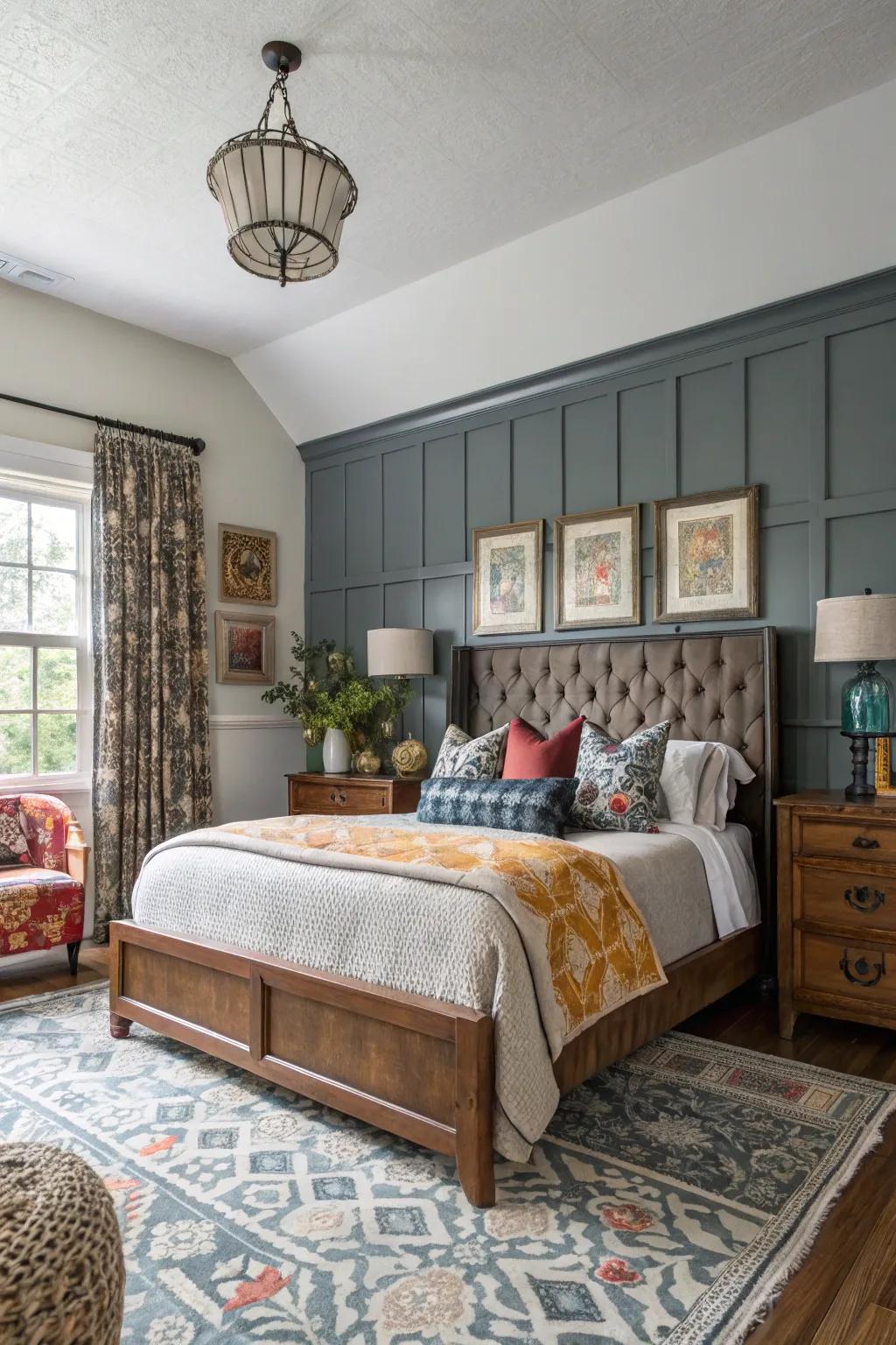 An eclectic mix of styles accompanied by wainscoting establishes a unique and personalized area.