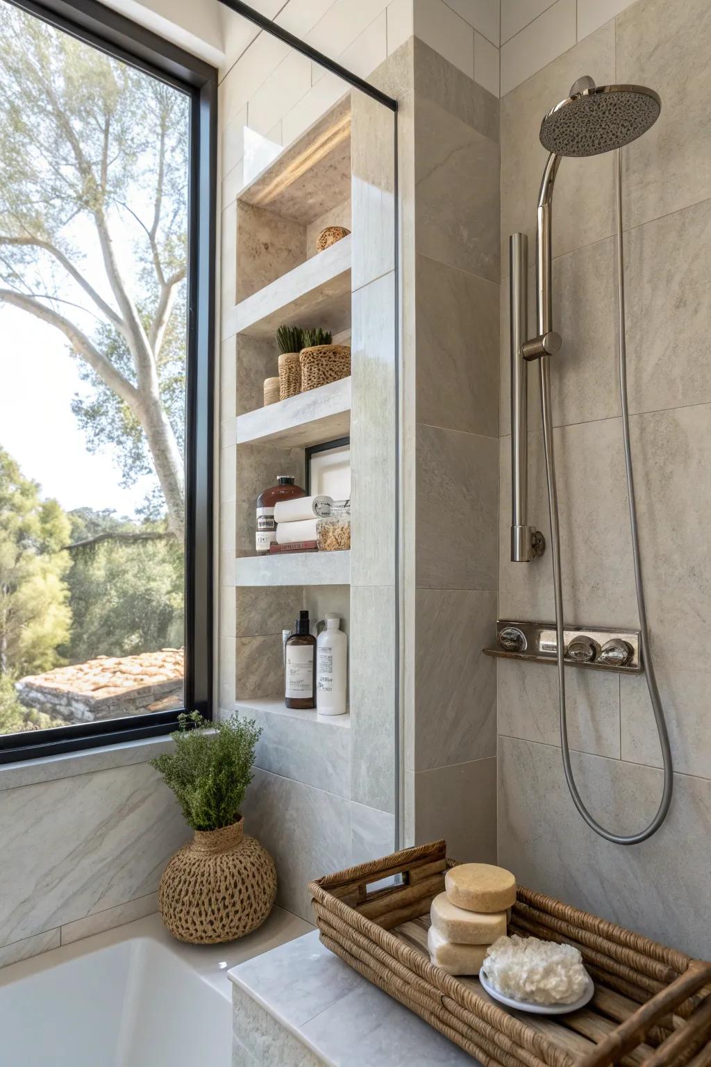 A window shelf in a walk-in shower, combining practicality with style.