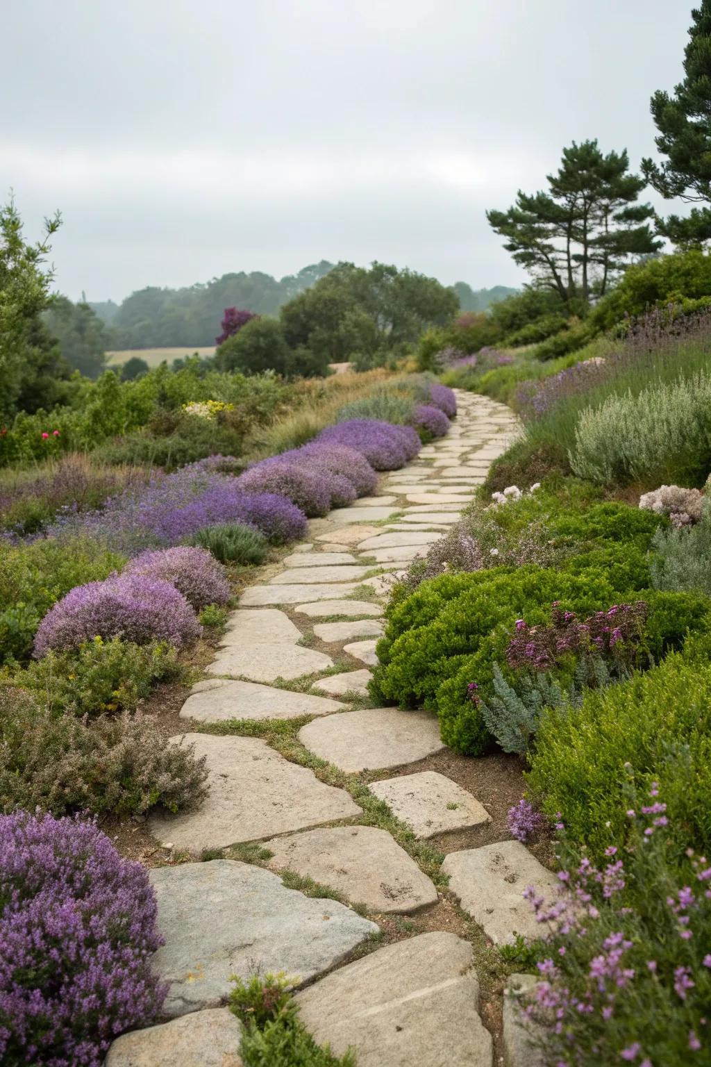 Aromatic thyme paths add fragrance and greenery.