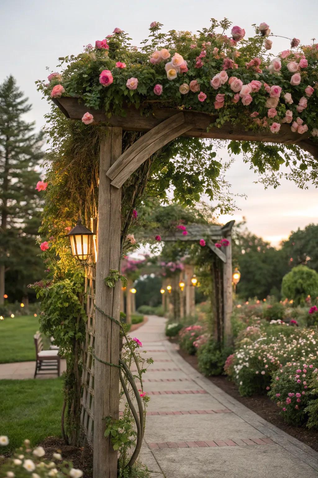 Flower-covered arches create a dreamy, romantic garden ambiance.