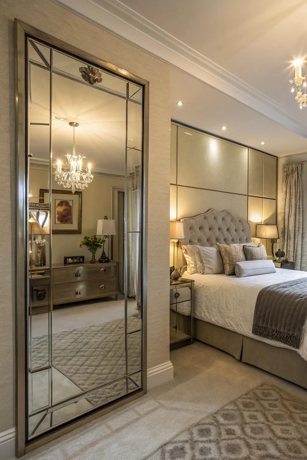 Art with mirrors makes your bedroom brighter and bigger.