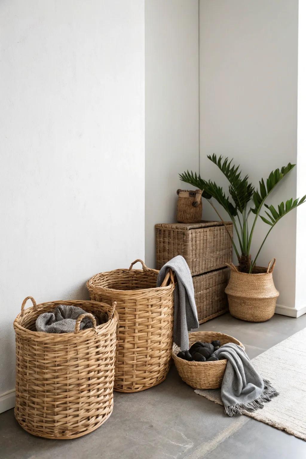 A minimalist grouping of baskets adds subtle texture.