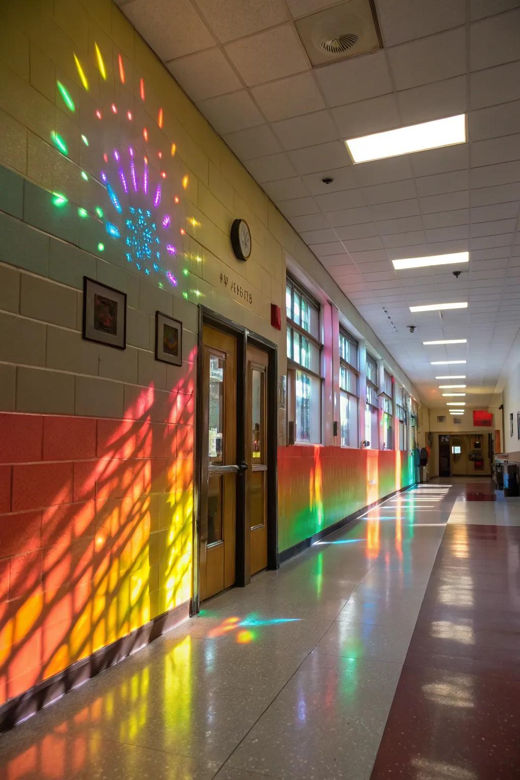 Dynamic lighting illuminating a school wall