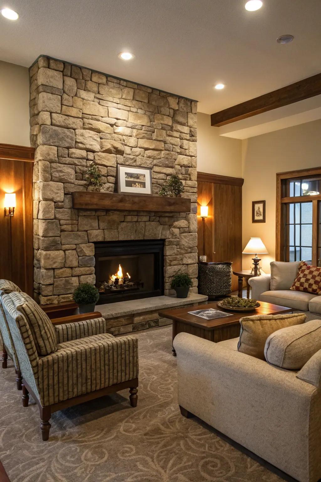 Stone cladding introduces rustic elegance to living areas.