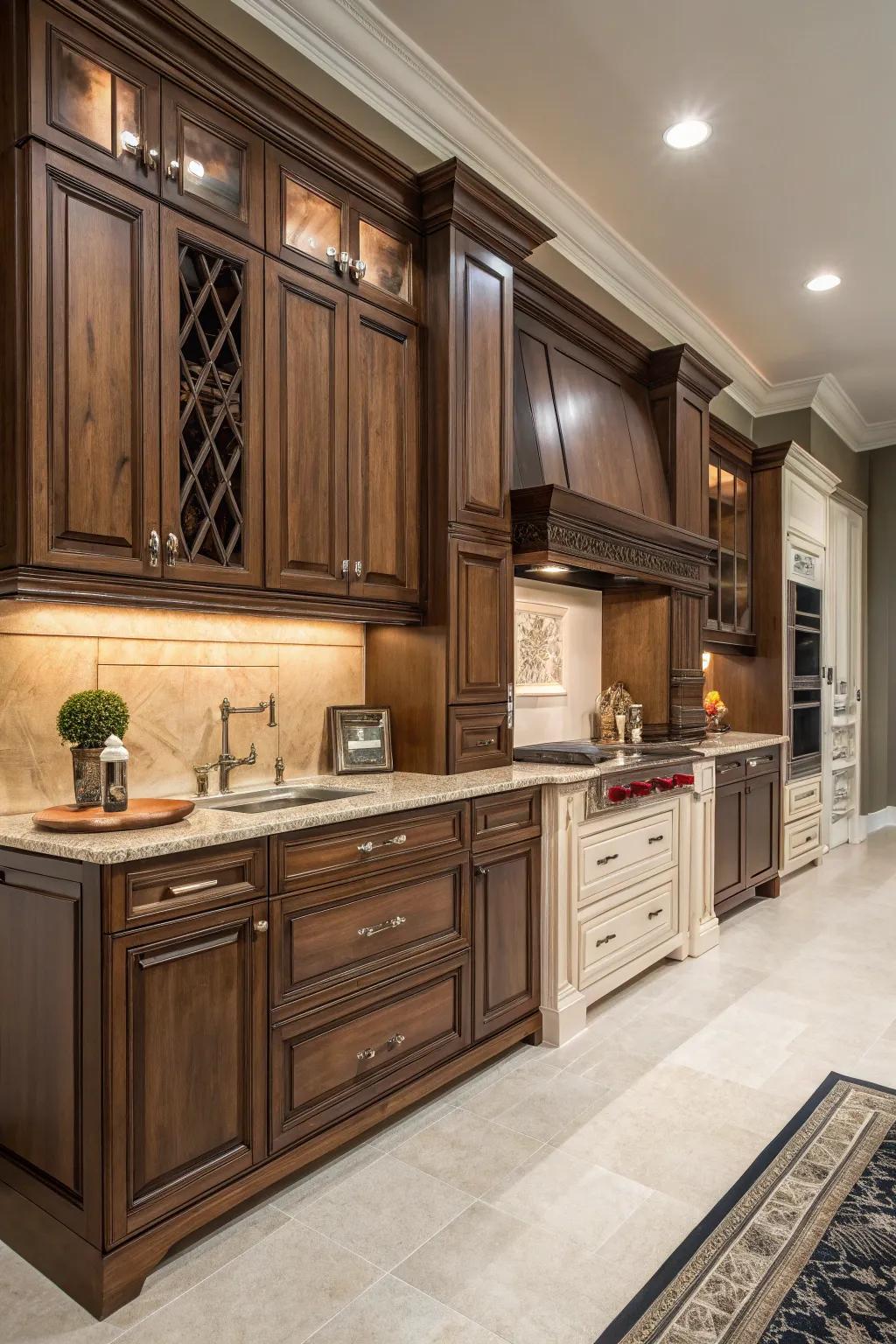 Contrasting colors inject depth to pecan finish cabinetry.