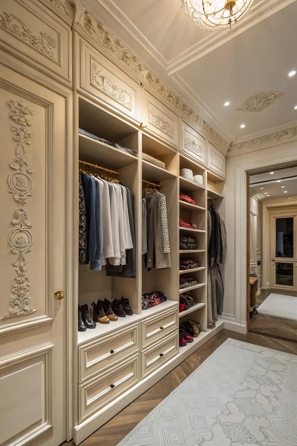 Decorative moldings lend a touch of sophistication to any closet.