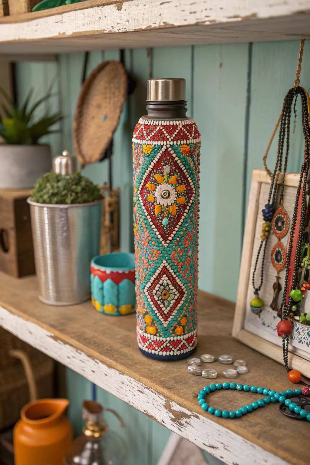 An elegant hydration bottle adorned through elaborate crystalline work.