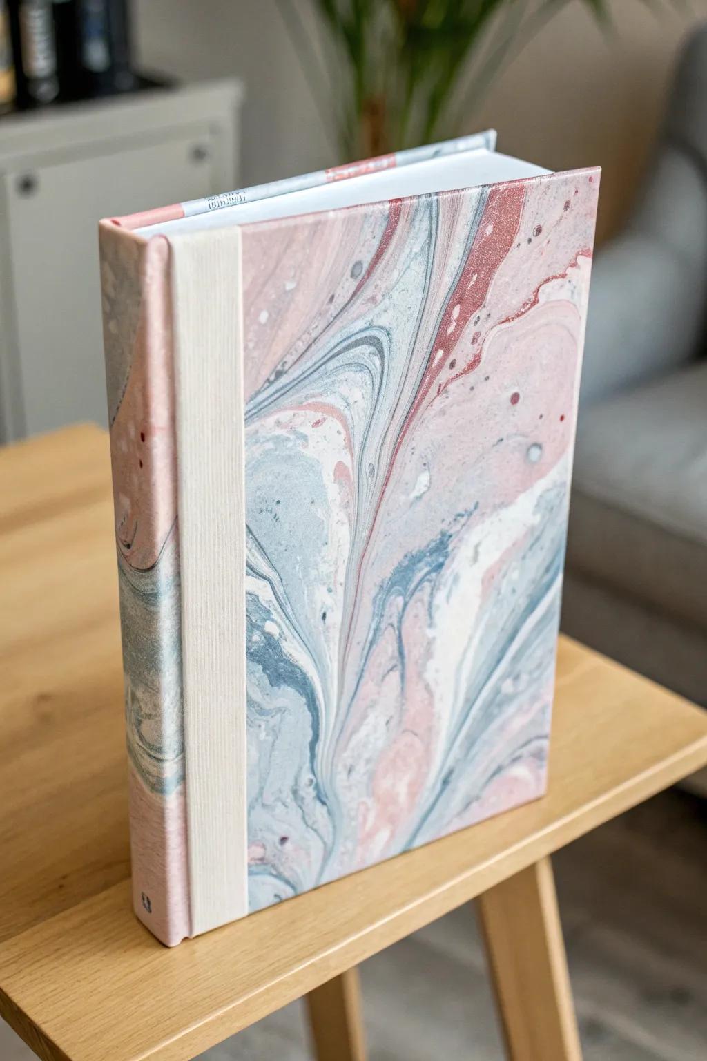 Transform your bookshelf into a stunning art display with marbled book covers that blend simplicity and elegance.