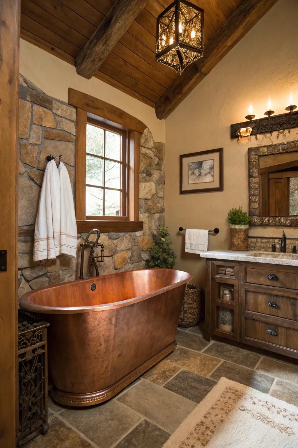 Achieve rustic elegance using a copper water trough bathtub.