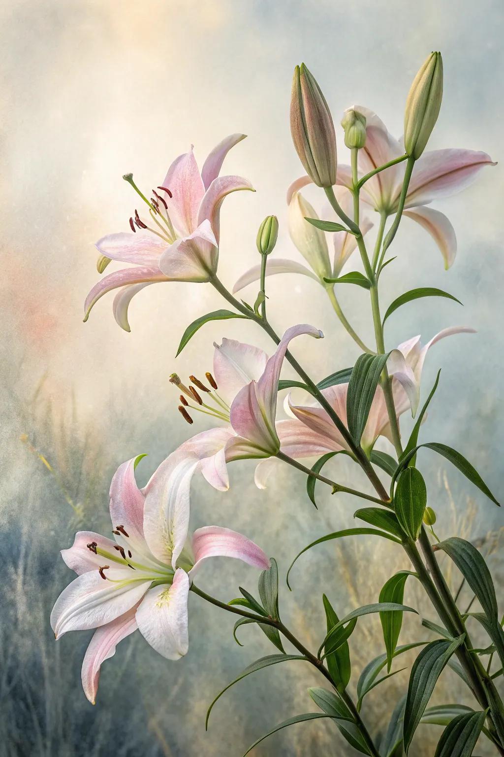 Ethereal lilies that establish a serene and sophisticated atmosphere.