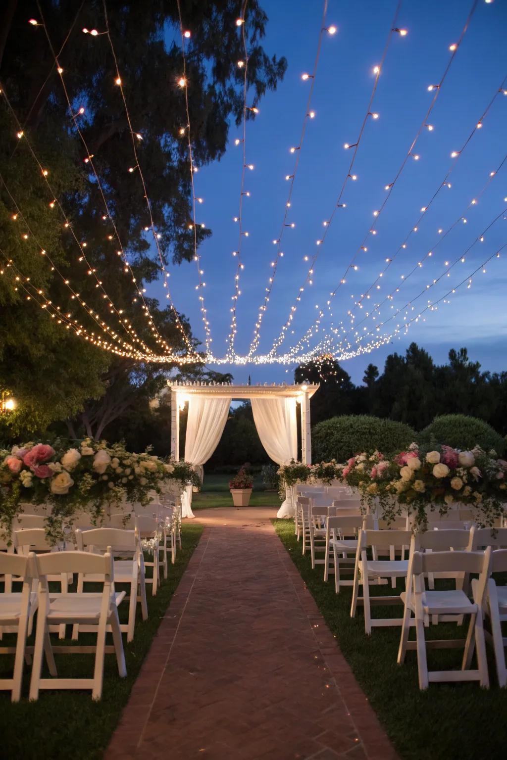 A magical fairy light canopy sets a dreamy ambiance.