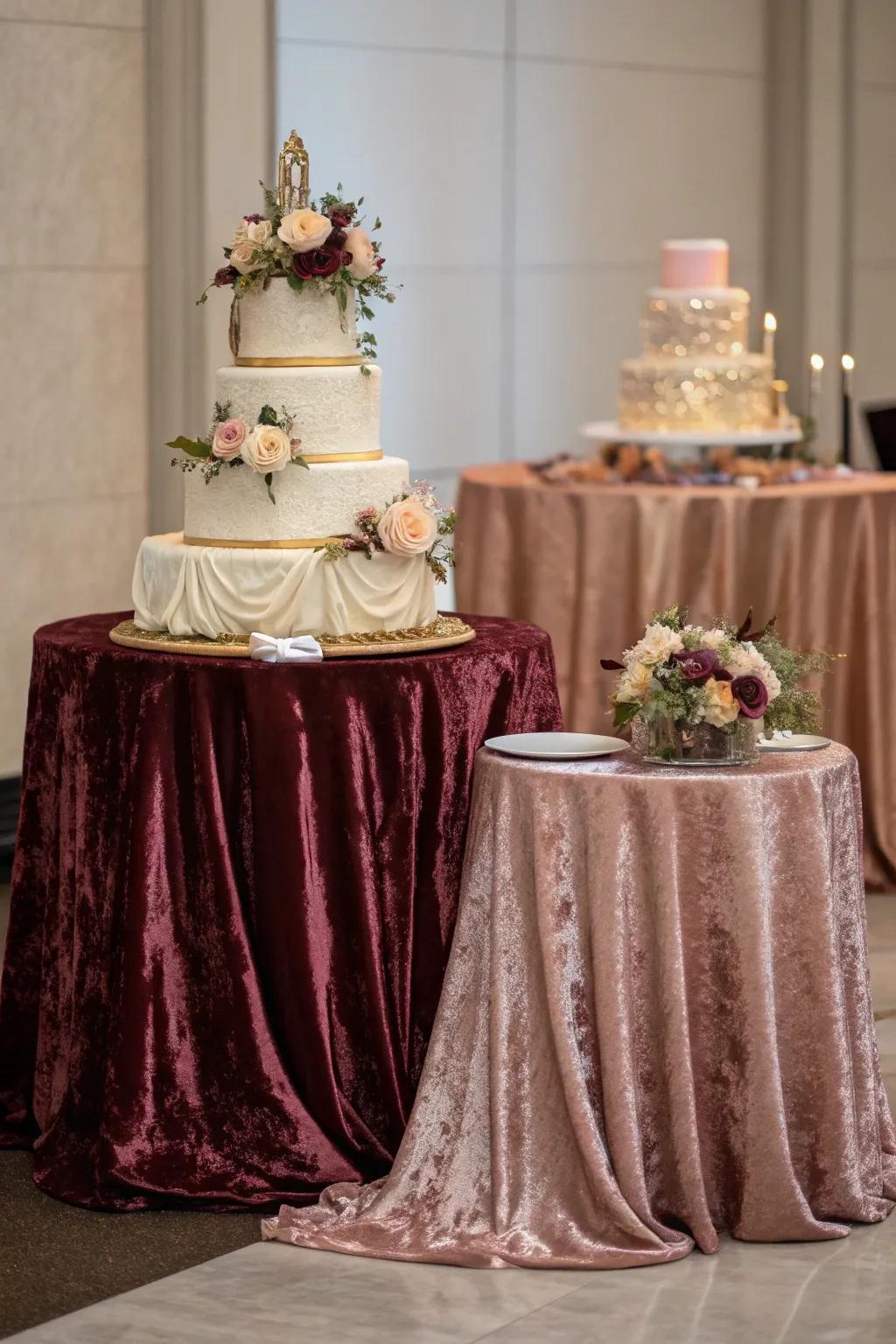 Luxurious fabrics elevate the cake display's appeal.