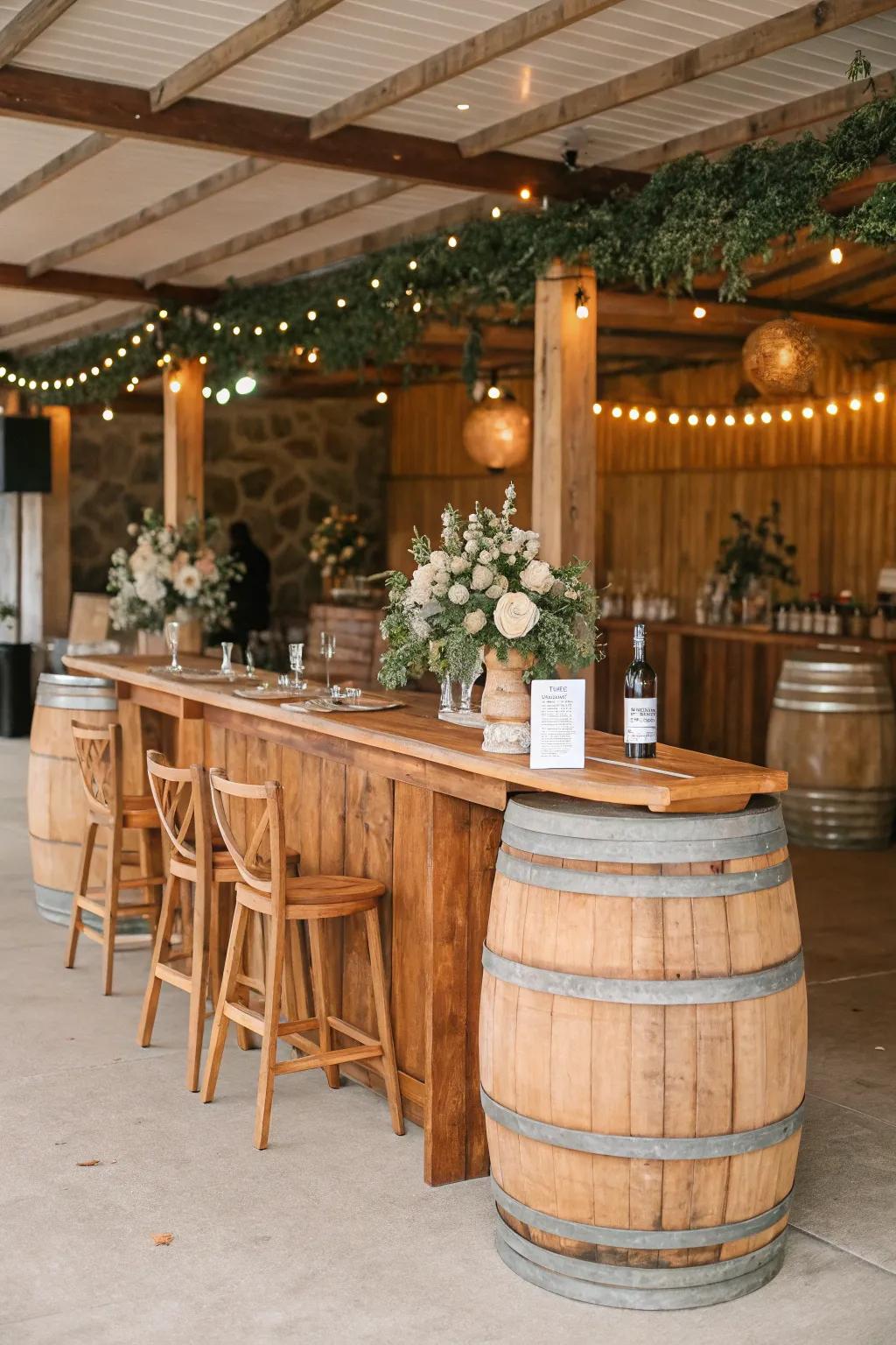 A country barrel bar setup at a wedding, which adds a charming country vibe to the event.