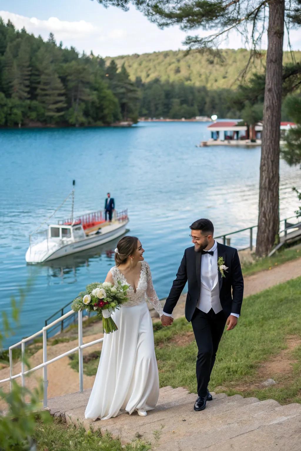 A sentimental marine arrival establishes the scene for a summer wedding.