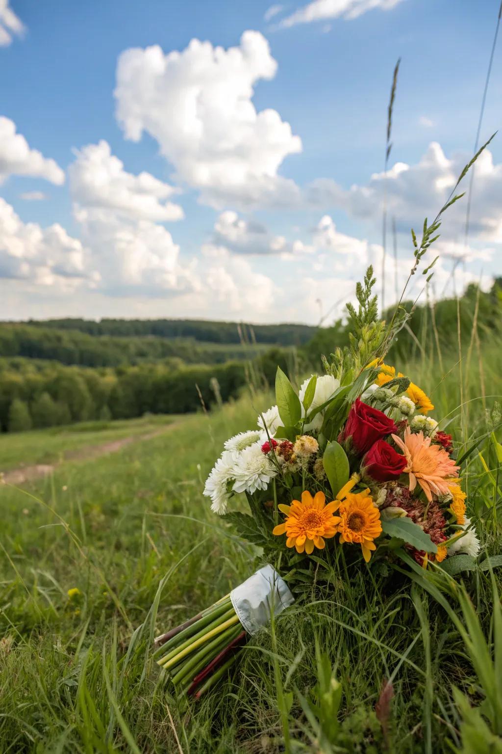 An arrangement featuring in-season blooms in a natural setting.