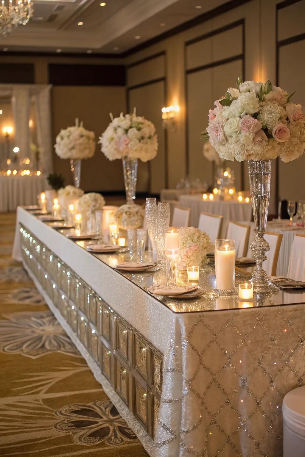 Mirrored table tops add a luxurious touch to the head table.